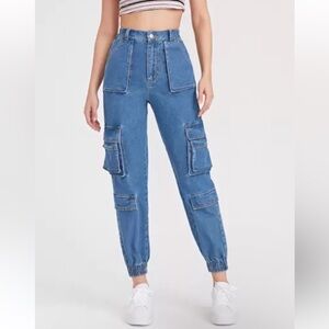 American Bazi Women's High Rise Blue Cargo Jeans